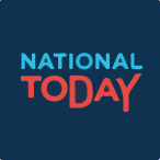 National Today Logo. Dark blue background with light blue and red writing